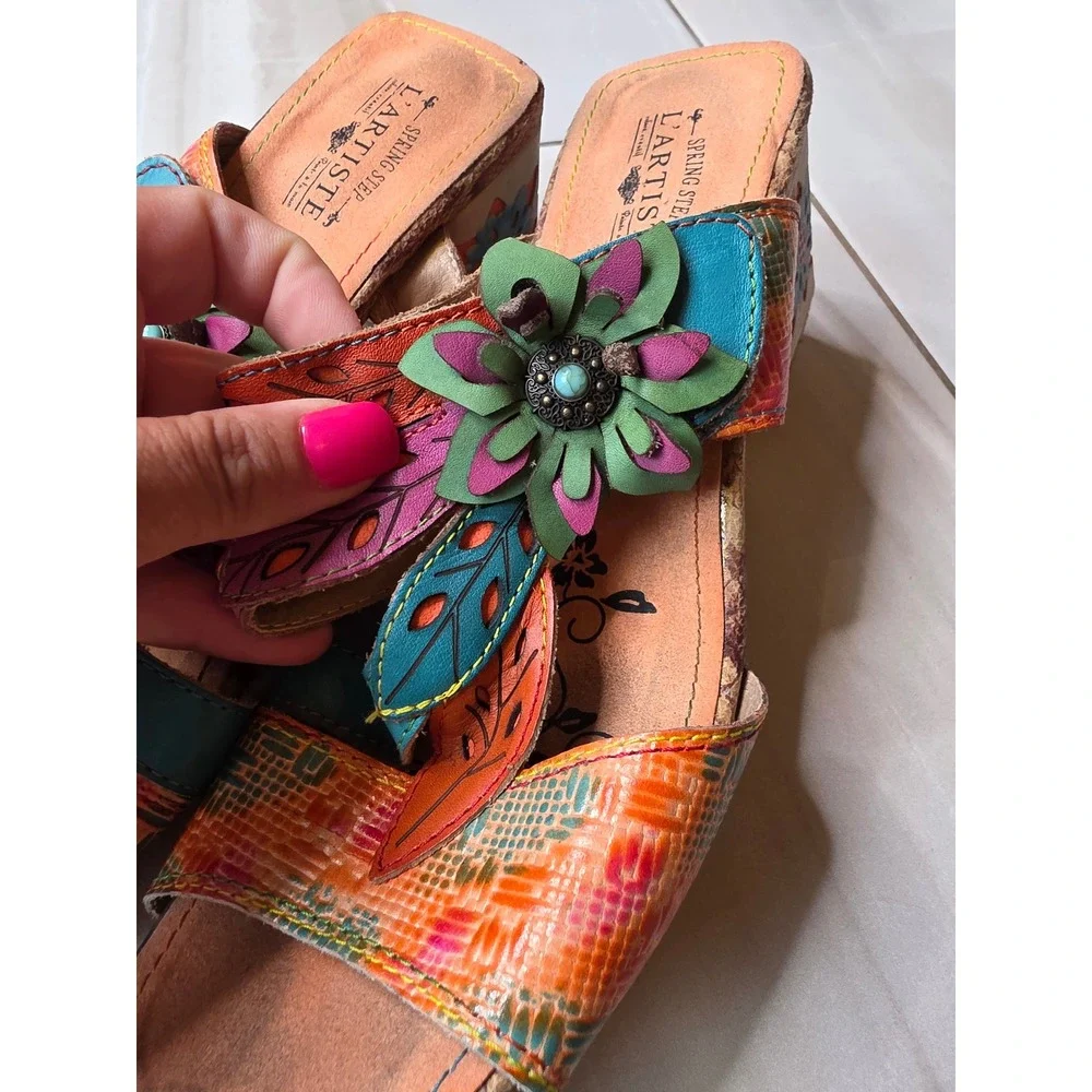 Spring‎ Step LArtiste Leather Floral Slide Sandals Block Heel Women size 40 F1